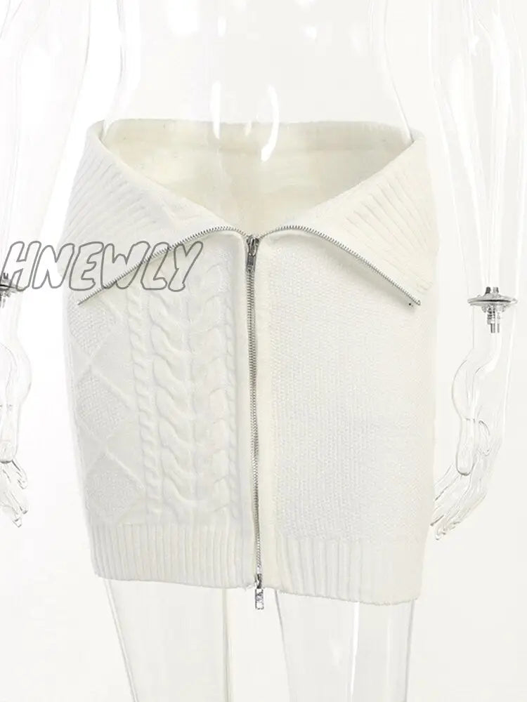 Hnewly High Street Knit Mini Skirts Women Fashion Corchet Zip Up White Skirt New Summer Wrap Hot Girl Short Skirt Y2K