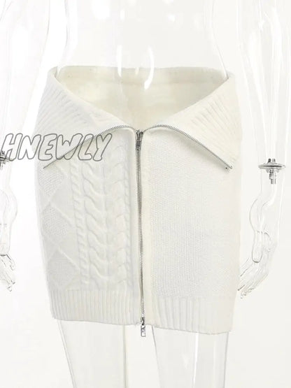 Hnewly High Street Knit Mini Skirts Women Fashion Corchet Zip Up White Skirt New Summer Wrap Hot Girl Short Skirt Y2K