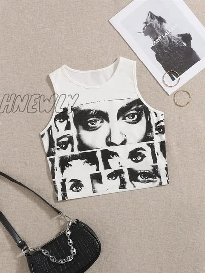 Hnewly High Street Style Y2K Figure Graphic Crop Top Women Summer Clothes Korean Fashion Sleeveless Tank Top Tee Shirt Streetwear