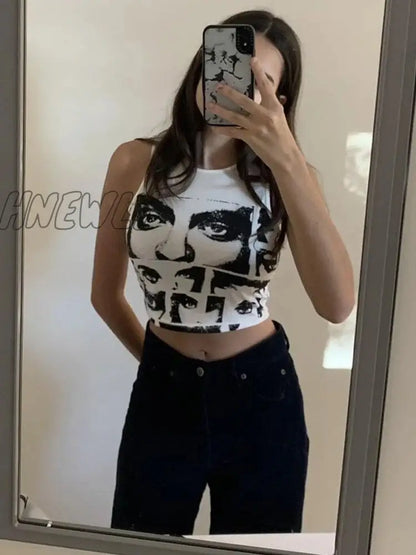 Hnewly High Street Style Y2K Figure Graphic Crop Top Women Summer Clothes Korean Fashion Sleeveless Tank Top Tee Shirt Streetwear