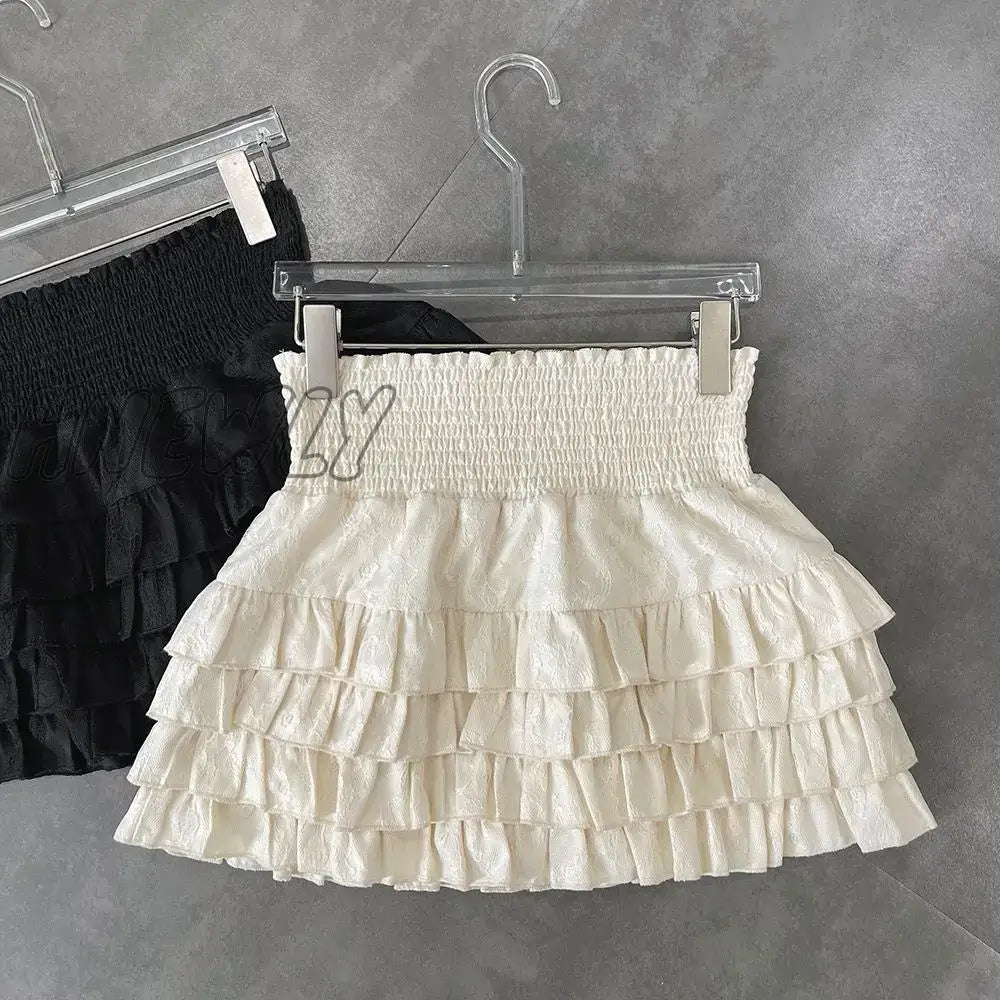 xsrrr High Waist Skirts Women Spring Summer Lovely Preppy Style Ruffles Holiday Chic Mini Hotsweet Faldas Y2k All-match Fashion Ins