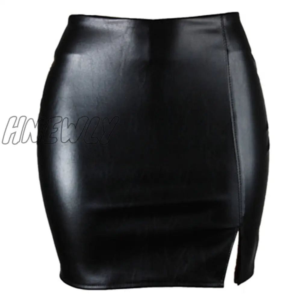 xsrrr High Waist Split Pu Leather Women'S Mini Skirt Bodycon A-Line Black Sexy Female Short Skirt New Spring Autumn Ladies Bottom