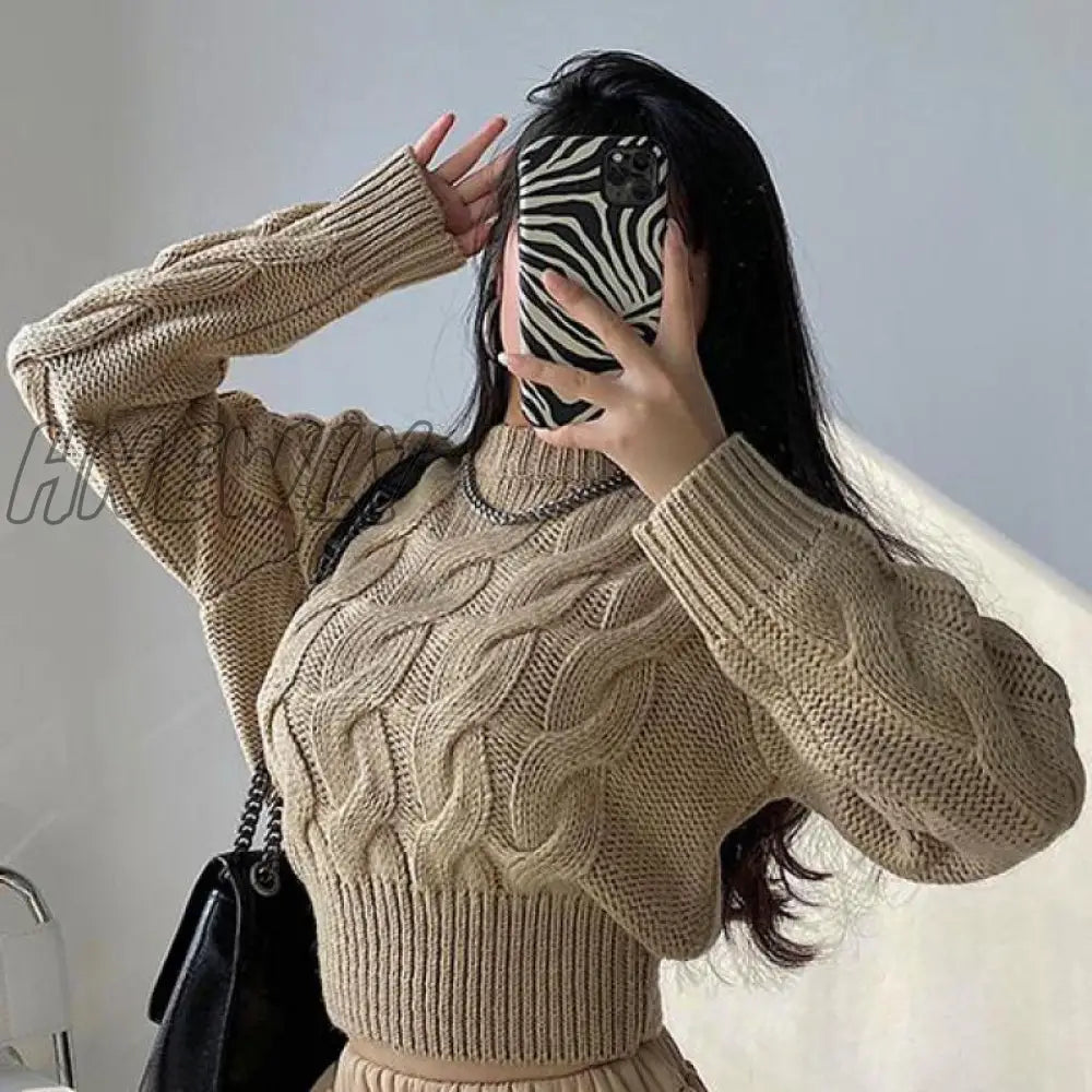 xsrrr High Waist Women Sweater Autumn Winter Khaki Casual Pullover High Street Style Y2k Sweater Knitted Sweater Winter