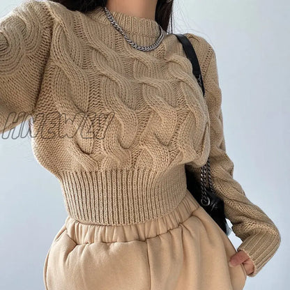 xsrrr High Waist Women Sweater Autumn Winter Khaki Casual Pullover High Street Style Y2k Sweater Knitted Sweater Winter