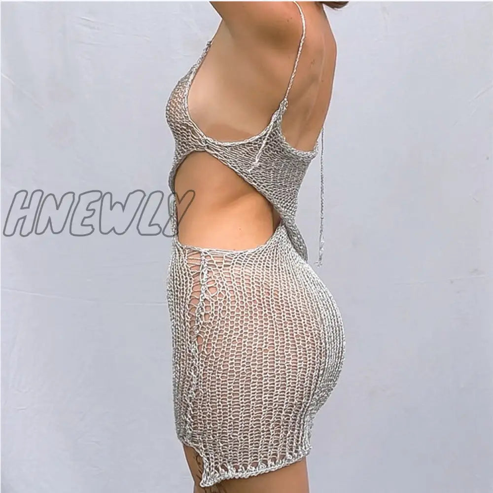 xsrrr Hollow Out Knitted Dress Women Spaghetti Strap Sleeveless Cut Out See Through Dress Y2K Summer Club Beach Sexy Dresses