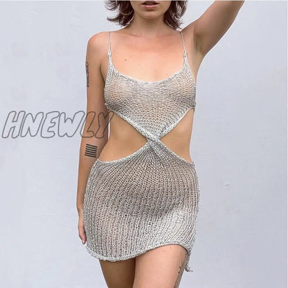 xsrrr Hollow Out Knitted Dress Women Spaghetti Strap Sleeveless Cut Out See Through Dress Y2K Summer Club Beach Sexy Dresses