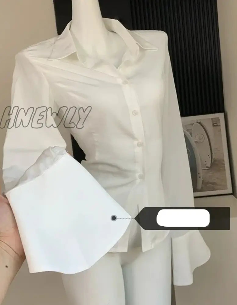 xsrrr Hot Girl Sexy  Slim White Black Chiffon Shirt Turn-down Collar Flare Sleeve Tunic Bandage Design Blouses Autumn Winter