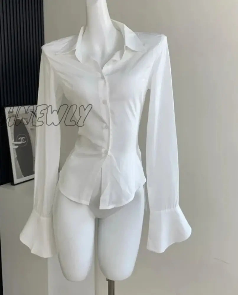 xsrrr Hot Girl Sexy  Slim White Black Chiffon Shirt Turn-down Collar Flare Sleeve Tunic Bandage Design Blouses Autumn Winter