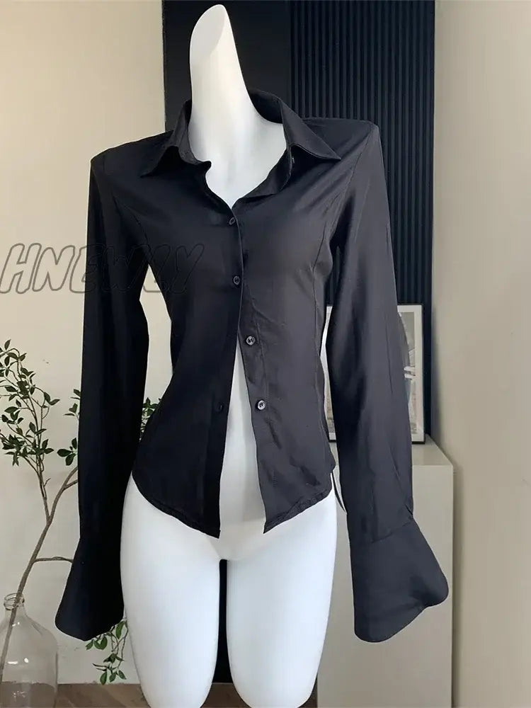 xsrrr Hot Girl Sexy  Slim White Black Chiffon Shirt Turn-down Collar Flare Sleeve Tunic Bandage Design Blouses Autumn Winter