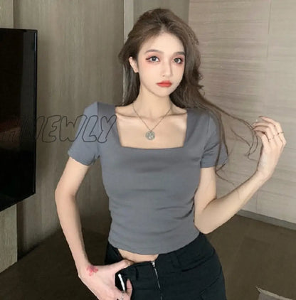 Hnewly Hot Girl Style Polo Collar T-shirt Women's Short Sleeve Design Summer Y2K Slim Fit Slimming Summer New Short Top Fashion Ins