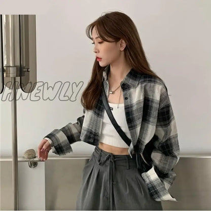 Hnewly Hot Sale Shirts Women Chic Plaid Stylish Summer Long Sleeve Sun-proof Schoolgirls Crop Top All-match Simple Teens Outerwear Ins