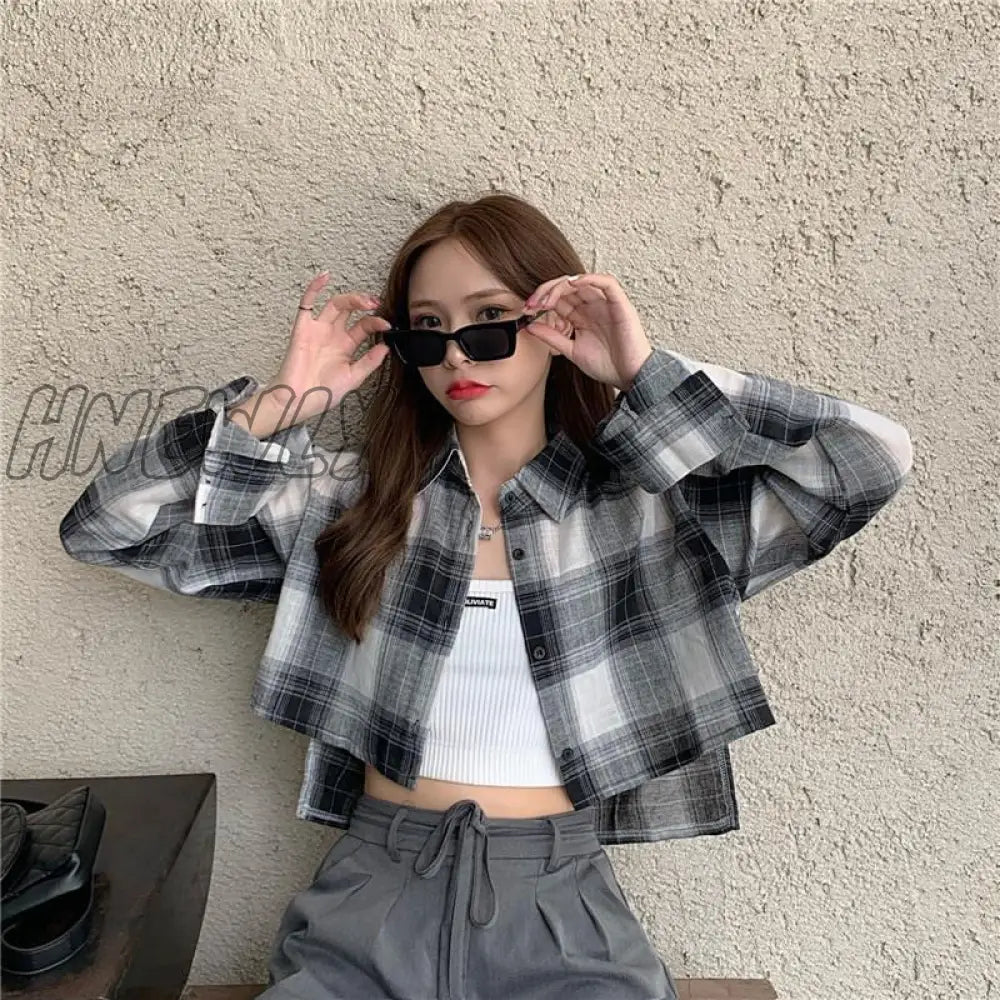 Hnewly Hot Sale Shirts Women Chic Plaid Stylish Summer Long Sleeve Sun-proof Schoolgirls Crop Top All-match Simple Teens Outerwear Ins