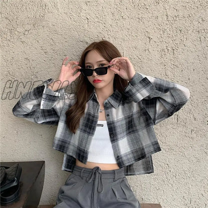 Hnewly Hot Sale Shirts Women Chic Plaid Stylish Summer Long Sleeve Sun-proof Schoolgirls Crop Top All-match Simple Teens Outerwear Ins