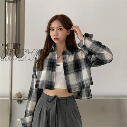 Hnewly Hot Sale Shirts Women Chic Plaid Stylish Summer Long Sleeve Sun-proof Schoolgirls Crop Top All-match Simple Teens Outerwear Ins