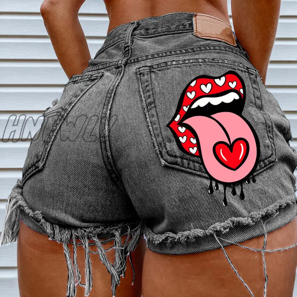 Hnewly Hot summer women's shorts pockets, printed pattern, big stone love, ripped raw shorts INS influencer