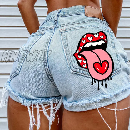 Hnewly Hot summer women's shorts pockets, printed pattern, big stone love, ripped raw shorts INS influencer