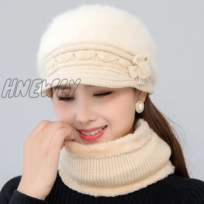 xsrrr Hot Women Winter Hat Keep Warm Cap Add Fur Lined Hat And Scarf Set Warm Hats For Female Casual Rabbit Fur Winter Knitted Hat