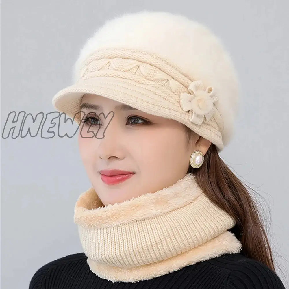 xsrrr Hot Women Winter Hat Keep Warm Cap Add Fur Lined Hat And Scarf Set Warm Hats For Female Casual Rabbit Fur Winter Knitted Hat