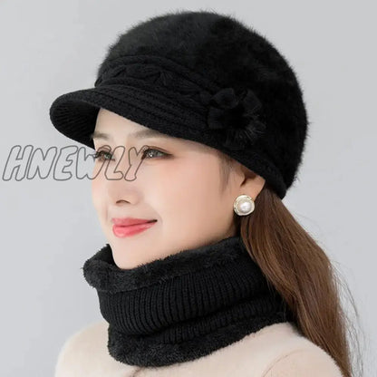 xsrrr Hot Women Winter Hat Keep Warm Cap Add Fur Lined Hat And Scarf Set Warm Hats For Female Casual Rabbit Fur Winter Knitted Hat