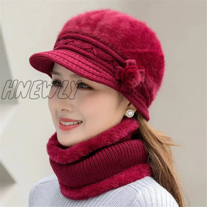 xsrrr Hot Women Winter Hat Keep Warm Cap Add Fur Lined Hat And Scarf Set Warm Hats For Female Casual Rabbit Fur Winter Knitted Hat