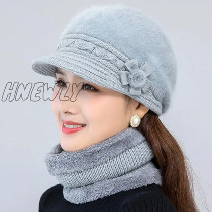 xsrrr Hot Women Winter Hat Keep Warm Cap Add Fur Lined Hat And Scarf Set Warm Hats For Female Casual Rabbit Fur Winter Knitted Hat