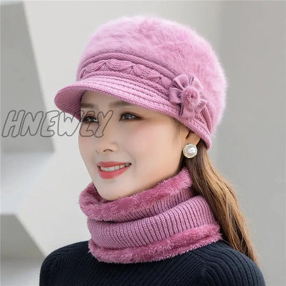 xsrrr Hot Women Winter Hat Keep Warm Cap Add Fur Lined Hat And Scarf Set Warm Hats For Female Casual Rabbit Fur Winter Knitted Hat