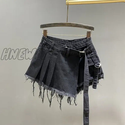 Hnewly Irregular Pink Denim Skirt Women's Summer High Waist Slimming False Two-Piece A- Line Workwear Short Mini Skirts