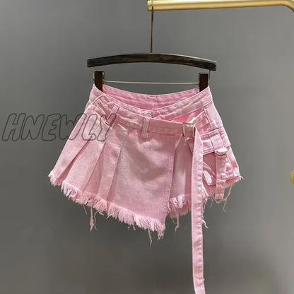 Hnewly Irregular Pink Denim Skirt Women's Summer High Waist Slimming False Two-Piece A- Line Workwear Short Mini Skirts