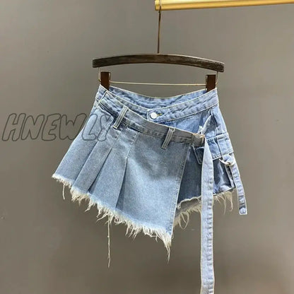 Hnewly Irregular Pink Denim Skirt Women's Summer High Waist Slimming False Two-Piece A- Line Workwear Short Mini Skirts