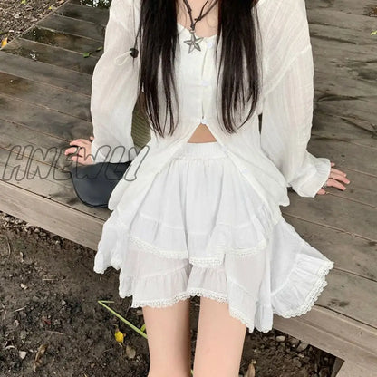 Hnewly Irregular Ruffle Mini Skirt Women Fairycore Lace Patchwork High Waist 2-layers Boho White Short Skirt Mori Girl Summer