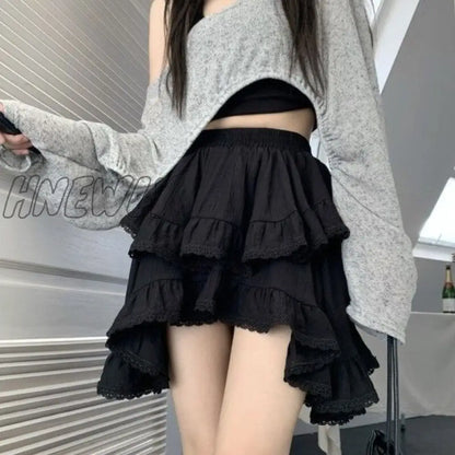 Hnewly Irregular Ruffle Mini Skirt Women Fairycore Lace Patchwork High Waist 2-layers Boho White Short Skirt Mori Girl Summer