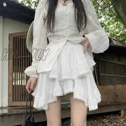 Hnewly Irregular Ruffle Mini Skirt Women Fairycore Lace Patchwork High Waist 2-layers Boho White Short Skirt Mori Girl Summer