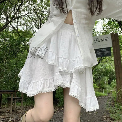 Hnewly Irregular Ruffle Mini Skirt Women Fairycore Lace Patchwork High Waist 2-layers Boho White Short Skirt Mori Girl Summer