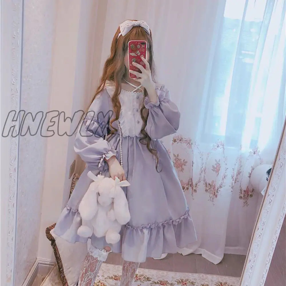 xsrrr Japanese Gothic Lolita Dress Women Kawaii Bow Bear Lace Blue Dress Long Sleeve Princess Dress Halloween Costume Gift For Girls