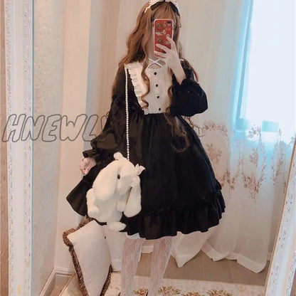 xsrrr Japanese Gothic Lolita Dress Women Kawaii Bow Bear Lace Blue Dress Long Sleeve Princess Dress Halloween Costume Gift For Girls