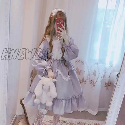 xsrrr Japanese Gothic Lolita Dress Women Kawaii Bow Bear Lace Blue Dress Long Sleeve Princess Dress Halloween Costume Gift For Girls