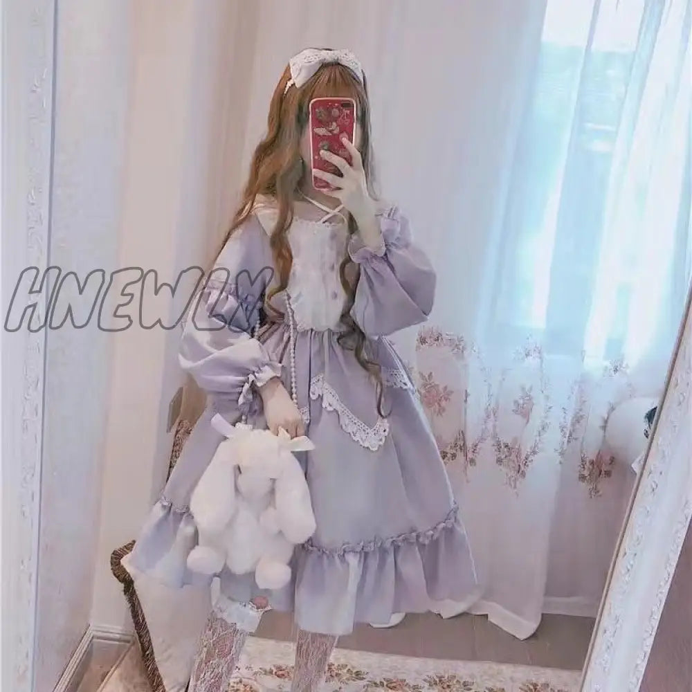 xsrrr Japanese Gothic Lolita Dress Women Kawaii Bow Bear Lace Blue Dress Long Sleeve Princess Dress Halloween Costume Gift For Girls