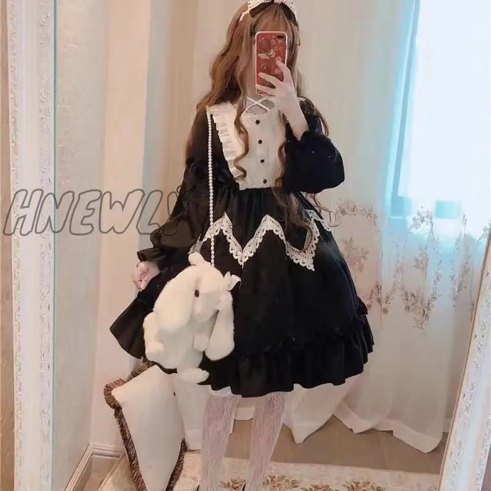 xsrrr Japanese Gothic Lolita Dress Women Kawaii Bow Bear Lace Blue Dress Long Sleeve Princess Dress Halloween Costume Gift For Girls