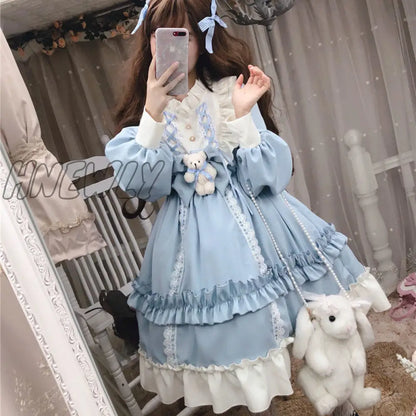 xsrrr Japanese Gothic Lolita Dress Women Kawaii Bow Bear Lace Blue Dress Long Sleeve Princess Dress Halloween Costume Gift For Girls