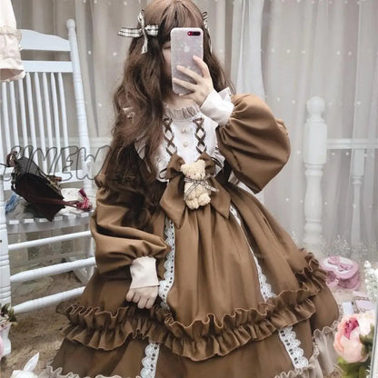 xsrrr Japanese Gothic Lolita Dress Women Kawaii Bow Bear Lace Blue Dress Long Sleeve Princess Dress Halloween Costume Gift For Girls