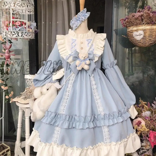 xsrrr Japanese Gothic Lolita Dress Women Kawaii Bow Bear Lace Blue Dress Long Sleeve Princess Dress Halloween Costume Gift For Girls