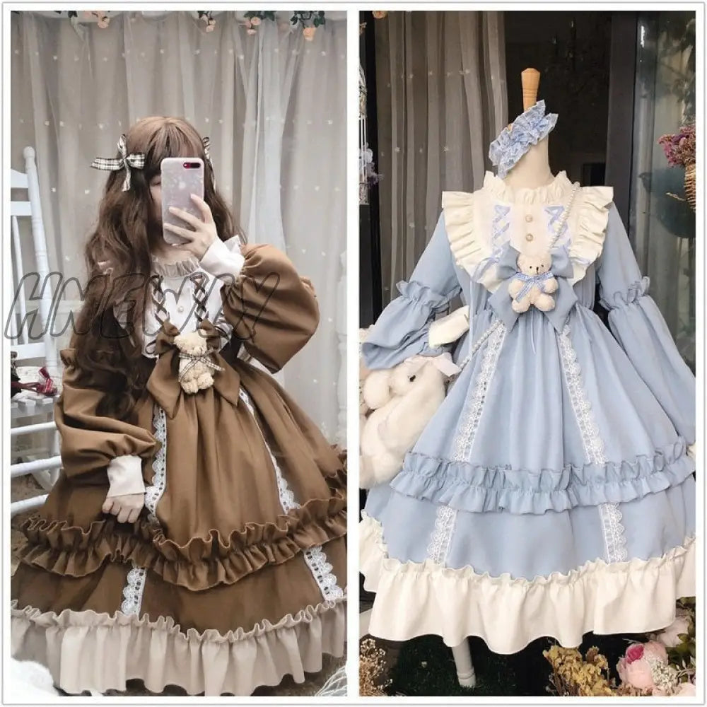 xsrrr Japanese Gothic Lolita Dress Women Kawaii Bow Bear Lace Blue Dress Long Sleeve Princess Dress Halloween Costume Gift For Girls