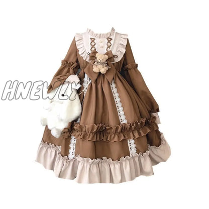 xsrrr Japanese Gothic Lolita Dress Women Kawaii Bow Bear Lace Blue Dress Long Sleeve Princess Dress Halloween Costume Gift For Girls