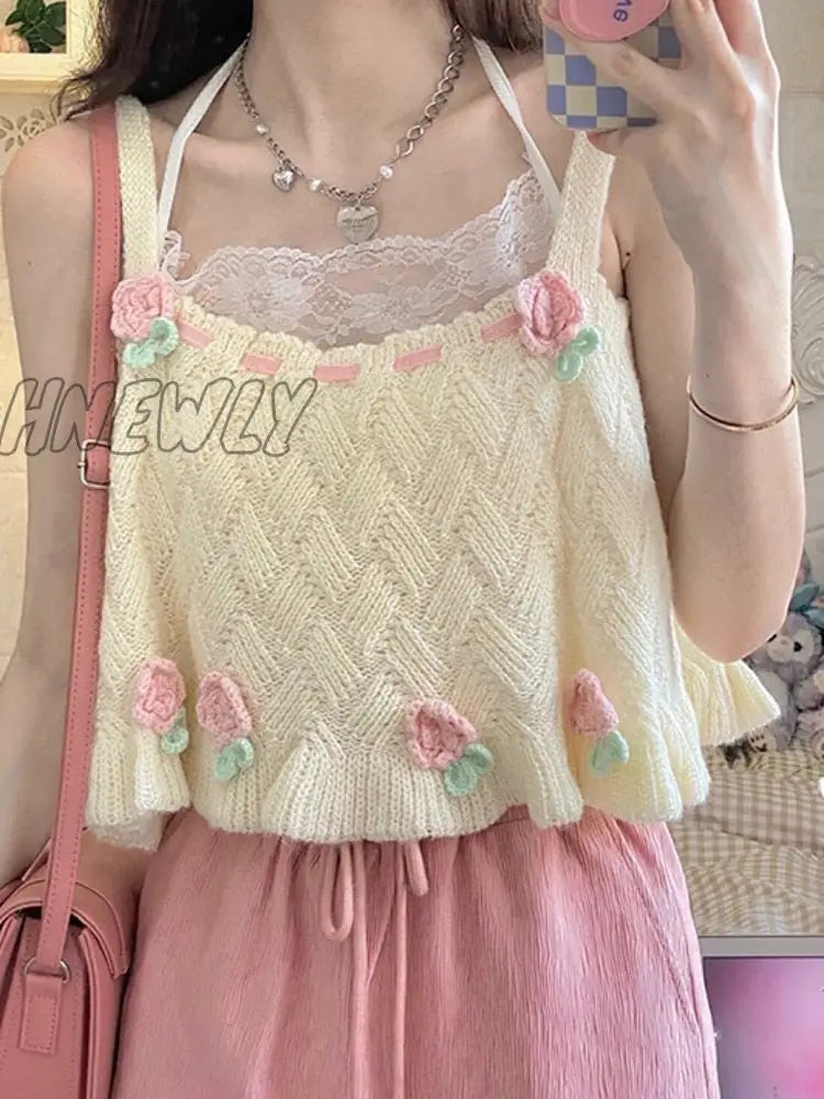 xsrrr Japanese Kawaii Chic Tank Top Women Sweet Flower Embroidery Cute Knitted Tanks Lady Preppy Style Casual Sweater Vest Summer