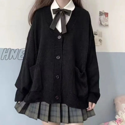 Hnewly Japanese School Basic Sweaters Women Autumn Kawaii Solid V-neck Loose Knitted Cardigan Preppy Style JK Uniform Cosplay