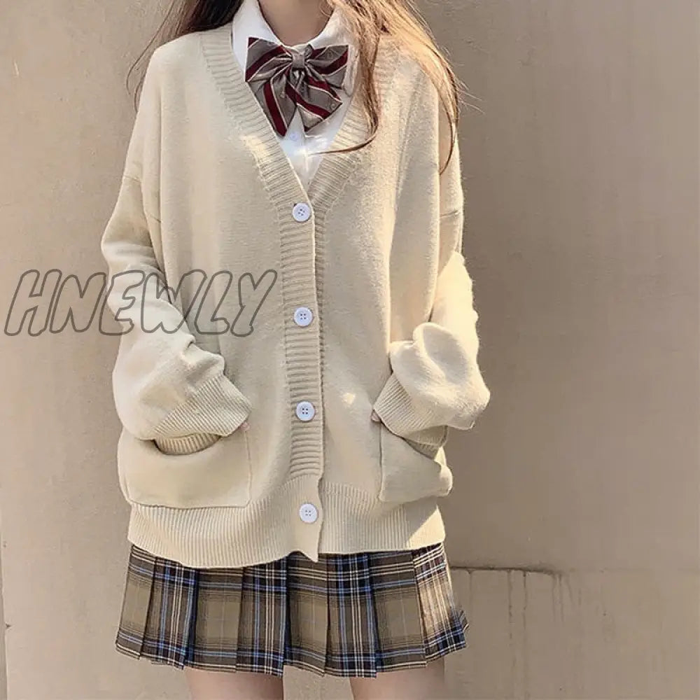 Hnewly Japanese School Basic Sweaters Women Autumn Kawaii Solid V-neck Loose Knitted Cardigan Preppy Style JK Uniform Cosplay