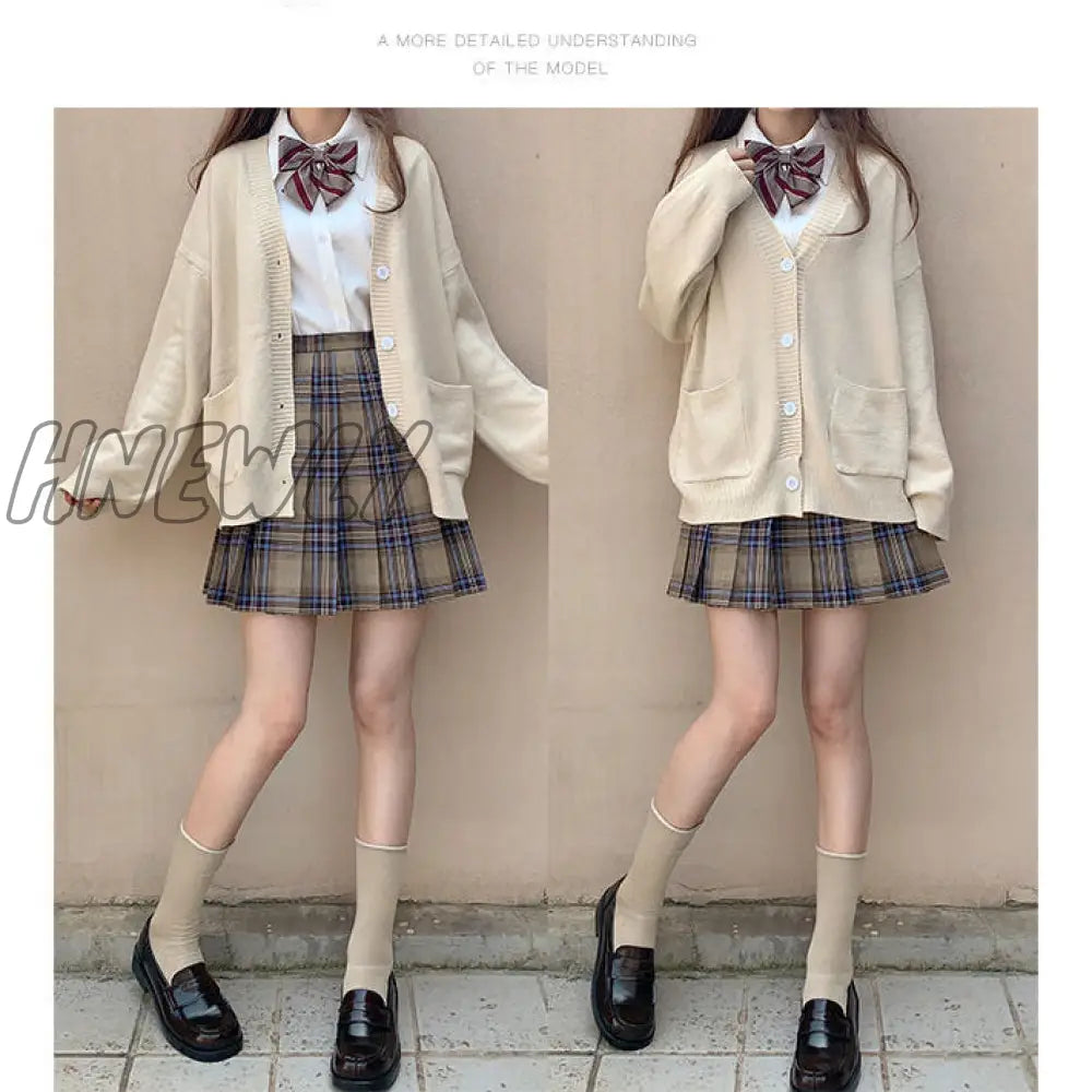 Hnewly Japanese School Basic Sweaters Women Autumn Kawaii Solid V-neck Loose Knitted Cardigan Preppy Style JK Uniform Cosplay