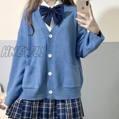 Hnewly Japanese School Basic Sweaters Women Autumn Kawaii Solid V-neck Loose Knitted Cardigan Preppy Style JK Uniform Cosplay