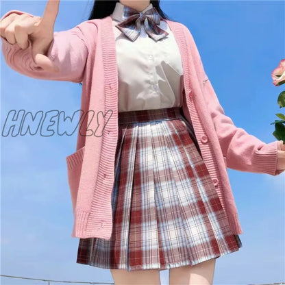 Hnewly Japanese School Basic Sweaters Women Autumn Kawaii Solid V-neck Loose Knitted Cardigan Preppy Style JK Uniform Cosplay