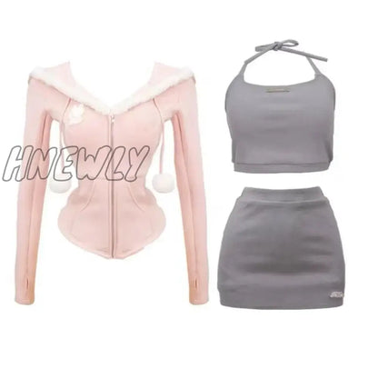 xsrrr Japanese Style Kawaii 3 Piece Set Hooded Cute Pink Coat + Casual Vest + Y2k Mini Skirt Sweet Fashion Suit Woman Chic Autumn